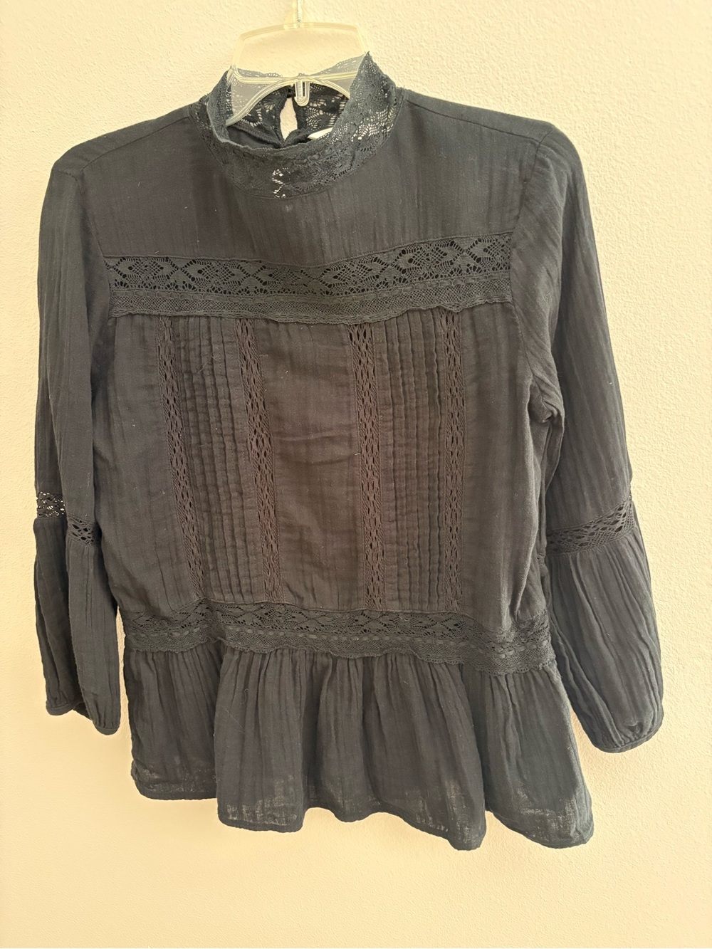 Zara Black Lace-Trim Pintuck Peplum Blouse